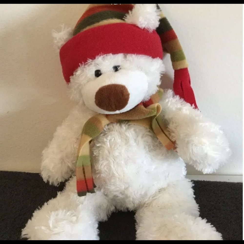 White Teddy “Fluffy” w/scarf & hat ~ 18” Tall